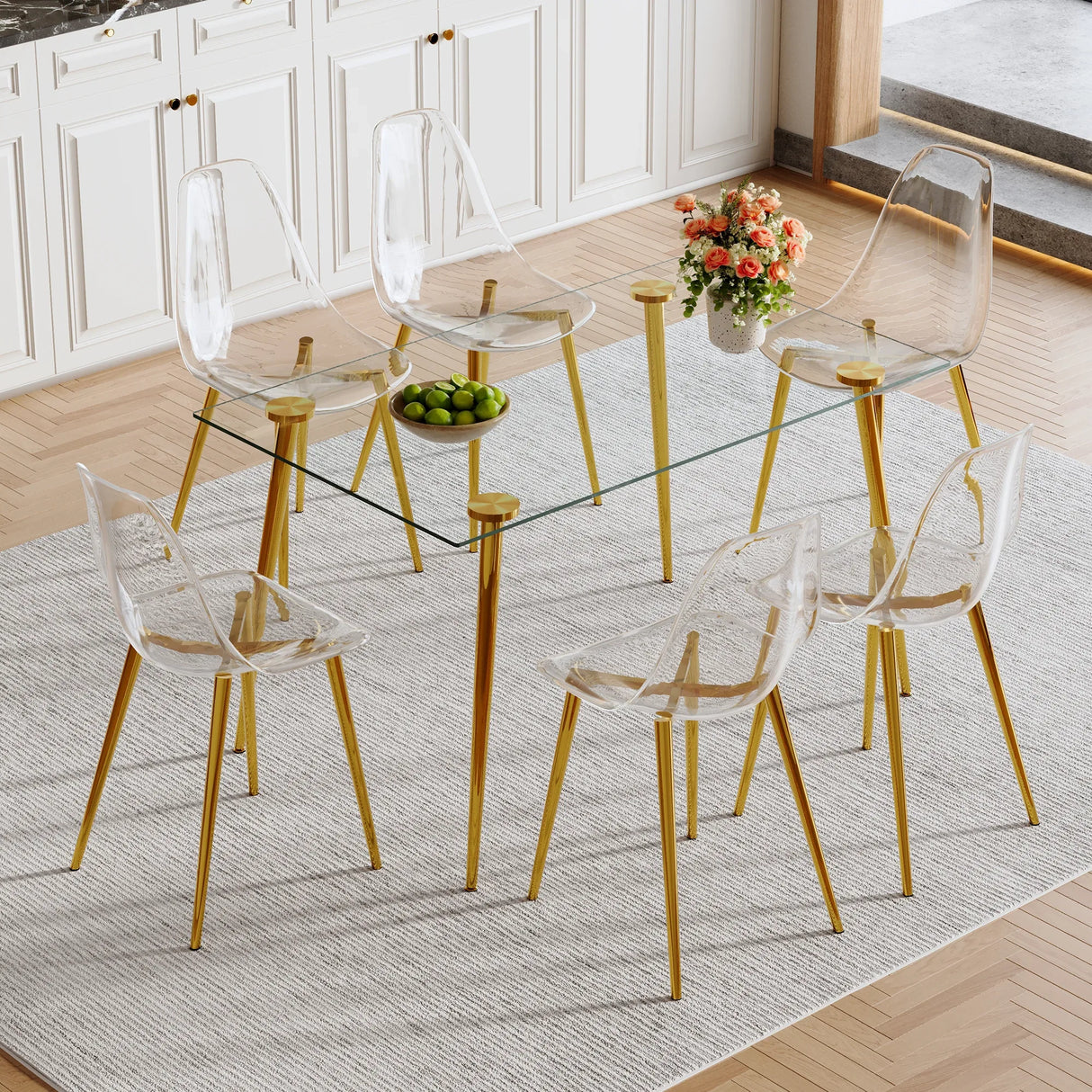 Modern Tempered Glass Dining Table And 6 Gold Chairs Set - Omega Lifestyles
