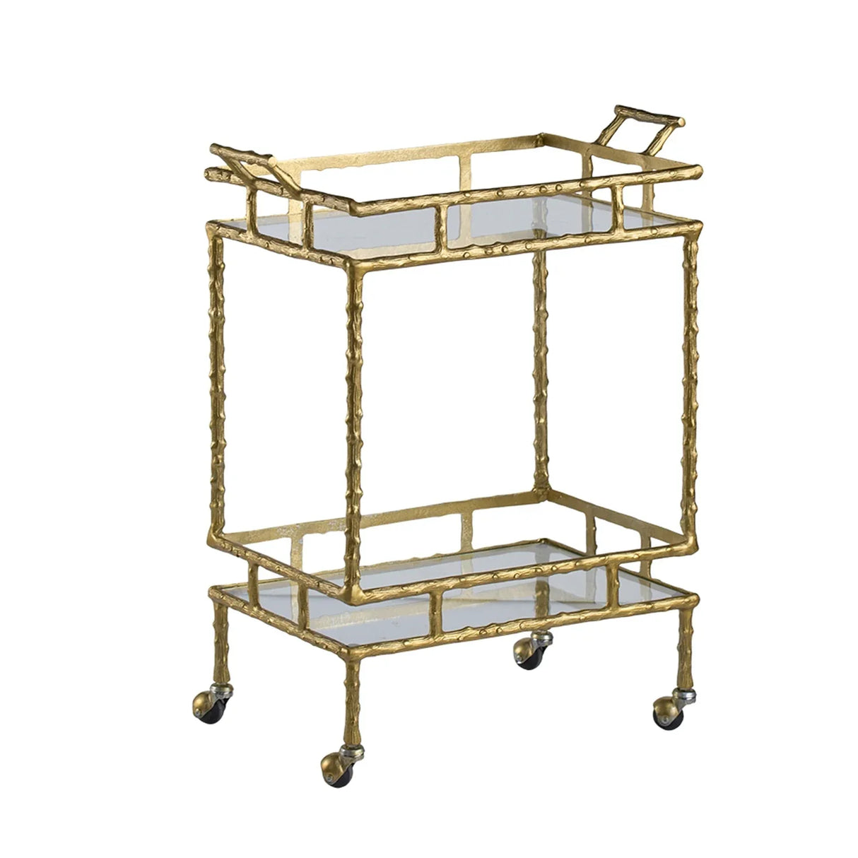 Antique Brass Aluminum Glass Two-Tier Bar Cart - Omega Lifestyles