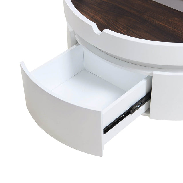 Modern White Walnut Round Lift-Top Coffee Table With Drawer - Omega Lifestyles