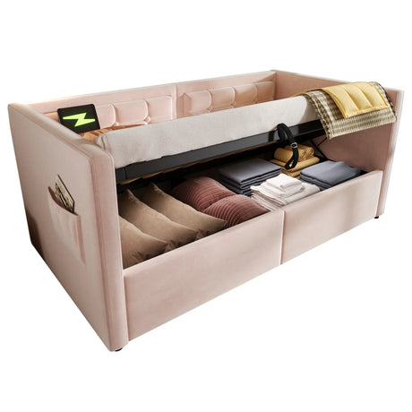 Twin Pink Velvet Upholstered Hydraulic Storage Bed Frame - Omega Lifestyles