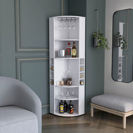 Modern White Corner Bar Cabinet With Five Shelves - Omega Lifestyles