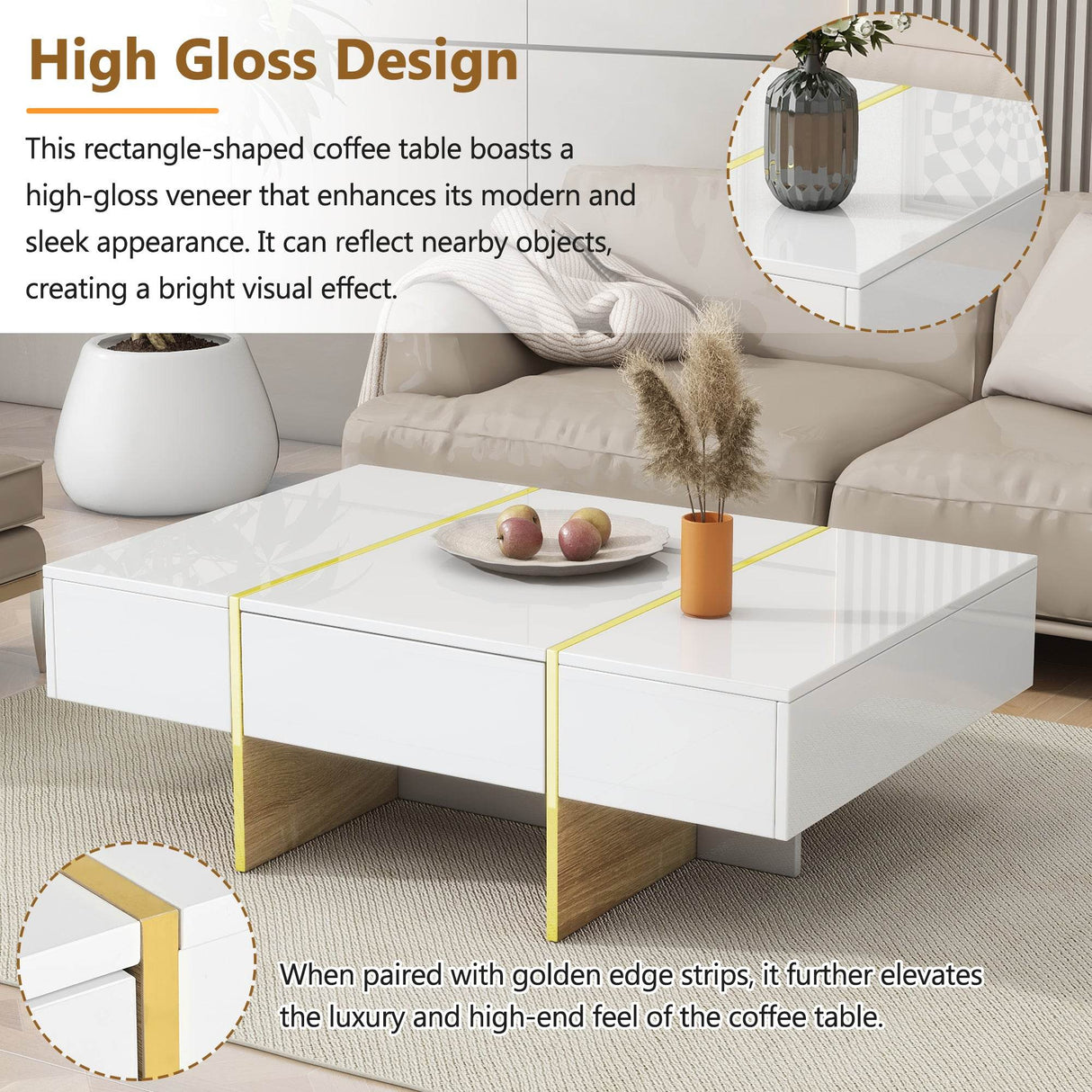 Minimalist White High Gloss Coffee Table With Drawers - Sleep Galleria