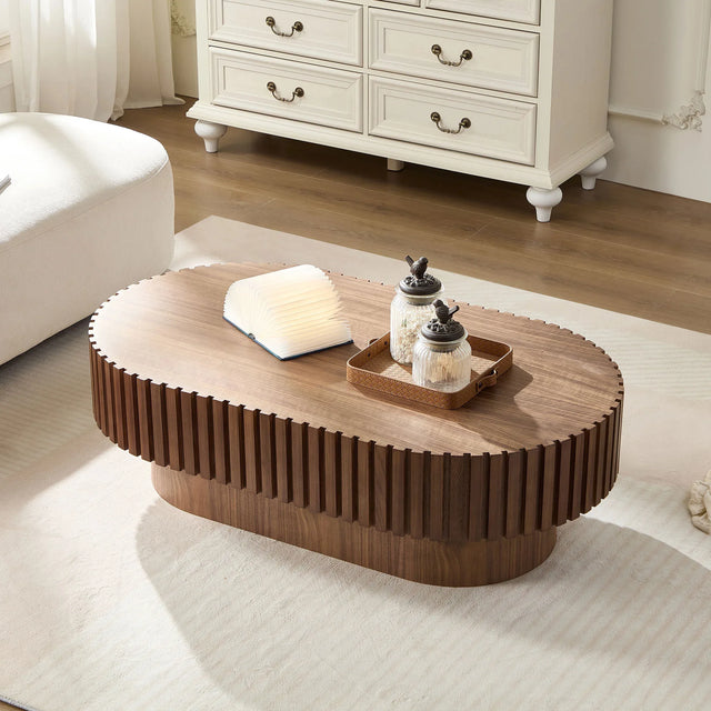 Modern Oval Walnut MDF Pedestal Coffee Table 44-Inch - Omega Lifestyles