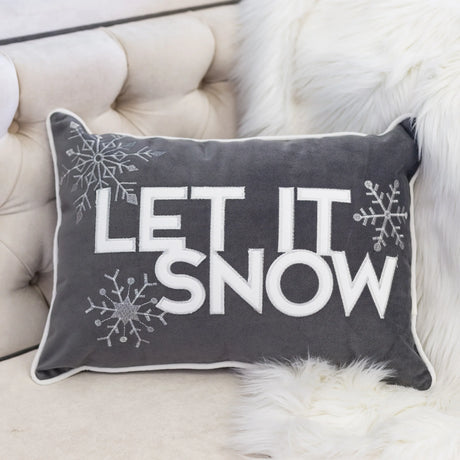 Gray Velvet Embroidered Let It Snow Lumbar Pillow 14x20 - Omega Lifestyles