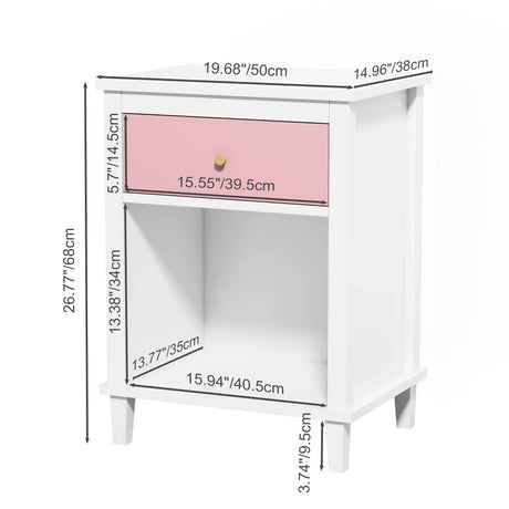 Pink MDF Wooden Nightstand With Drawer And Shelf - Omega Lifestyles