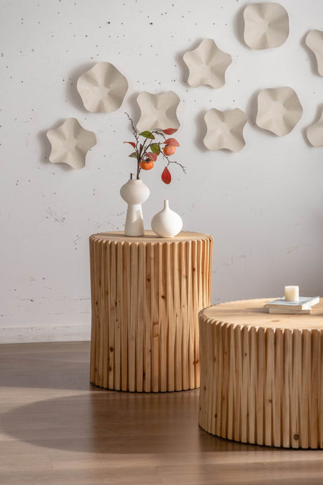 Set of 2 Natural MDF Fir Round Coffee Tables - Omega Lifestyles