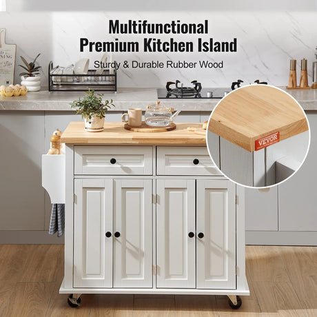 White Solid Wood Kitchen Island Cart With Storage - Omega Lifestyles