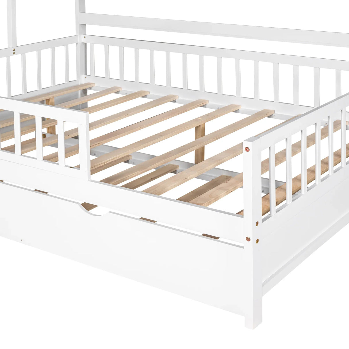 Full Size Wooden House Bed With Twin Trundle And Shelves - Omega Lifestyles