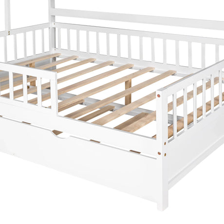 Full Size Wooden House Bed With Twin Trundle And Shelves - Omega Lifestyles