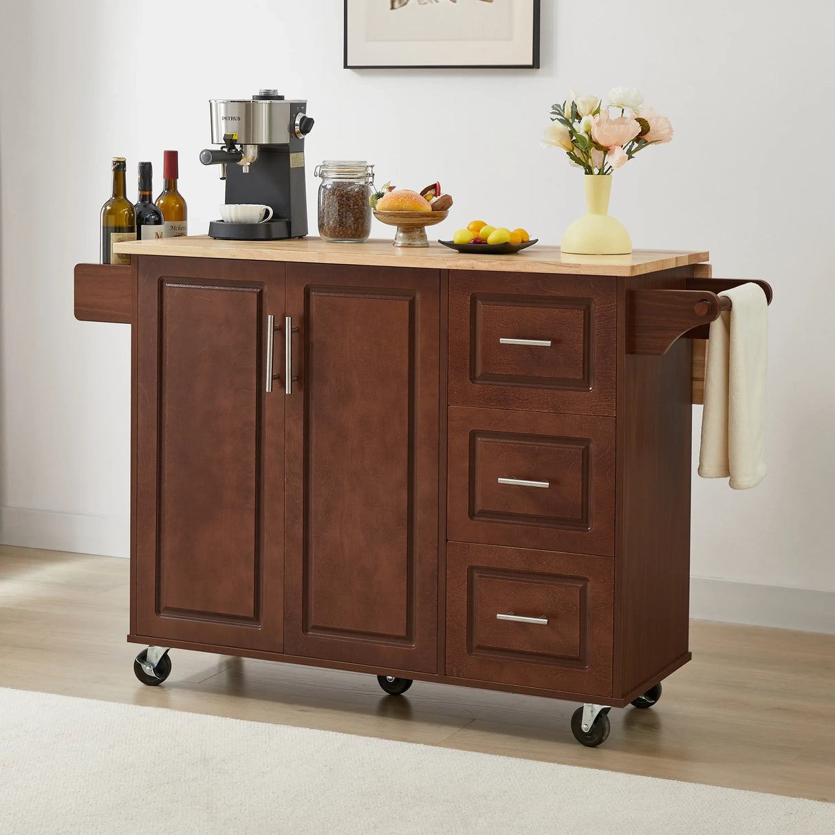 Rolling Kitchen Island Cart With Drop-Leaf Rubberwood Countertop - Omega Lifestyles