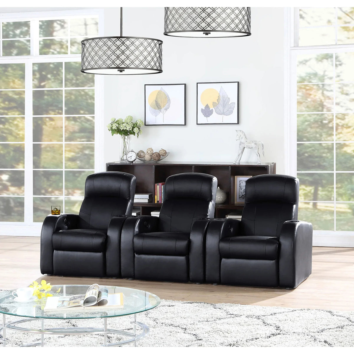 Set Of 3 Black Faux Leather Recliner Home Theater Seats - Omega Lifestyles