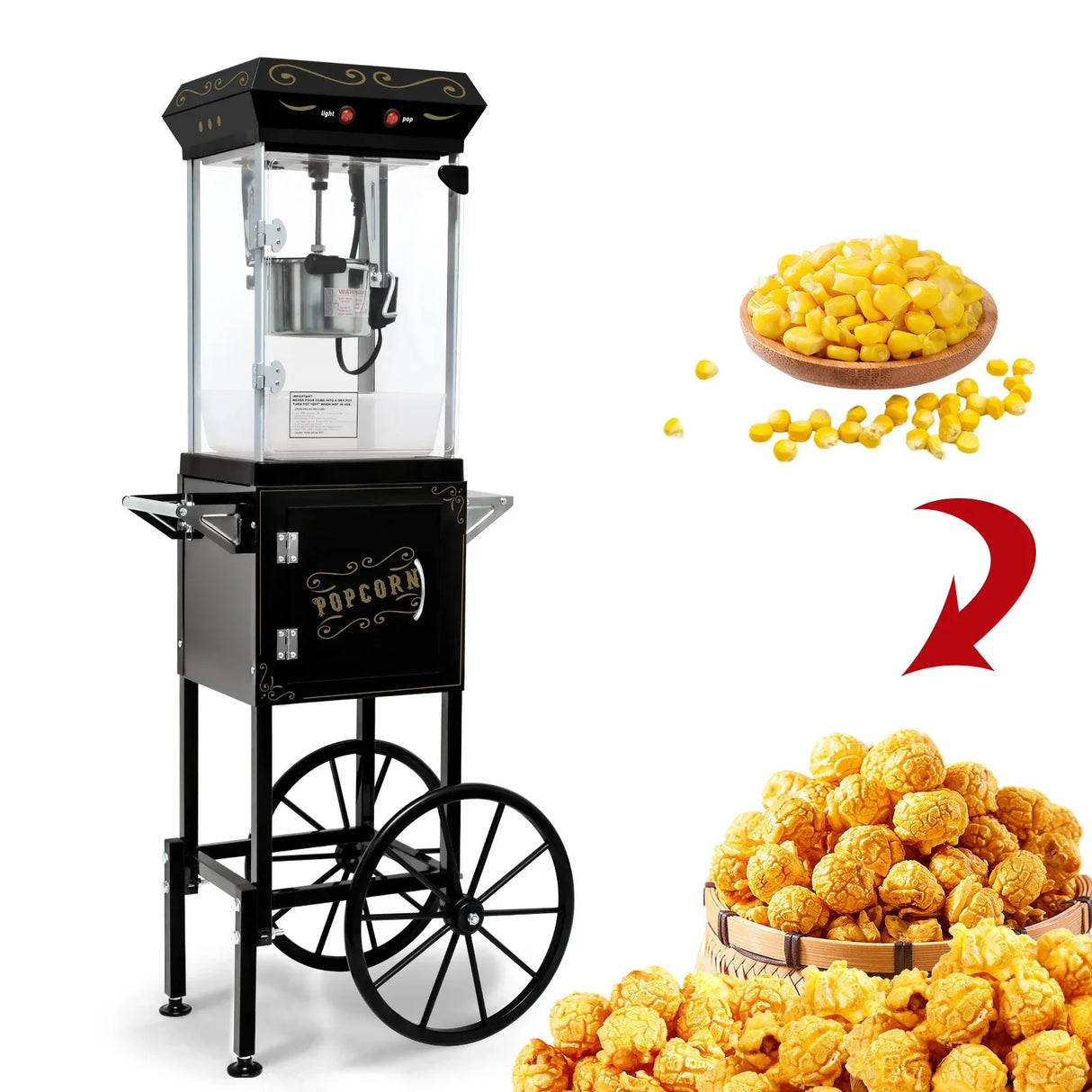 6OZ Theater-Style Stainless Steel Popcorn Maker Cart - Omega Lifestyles