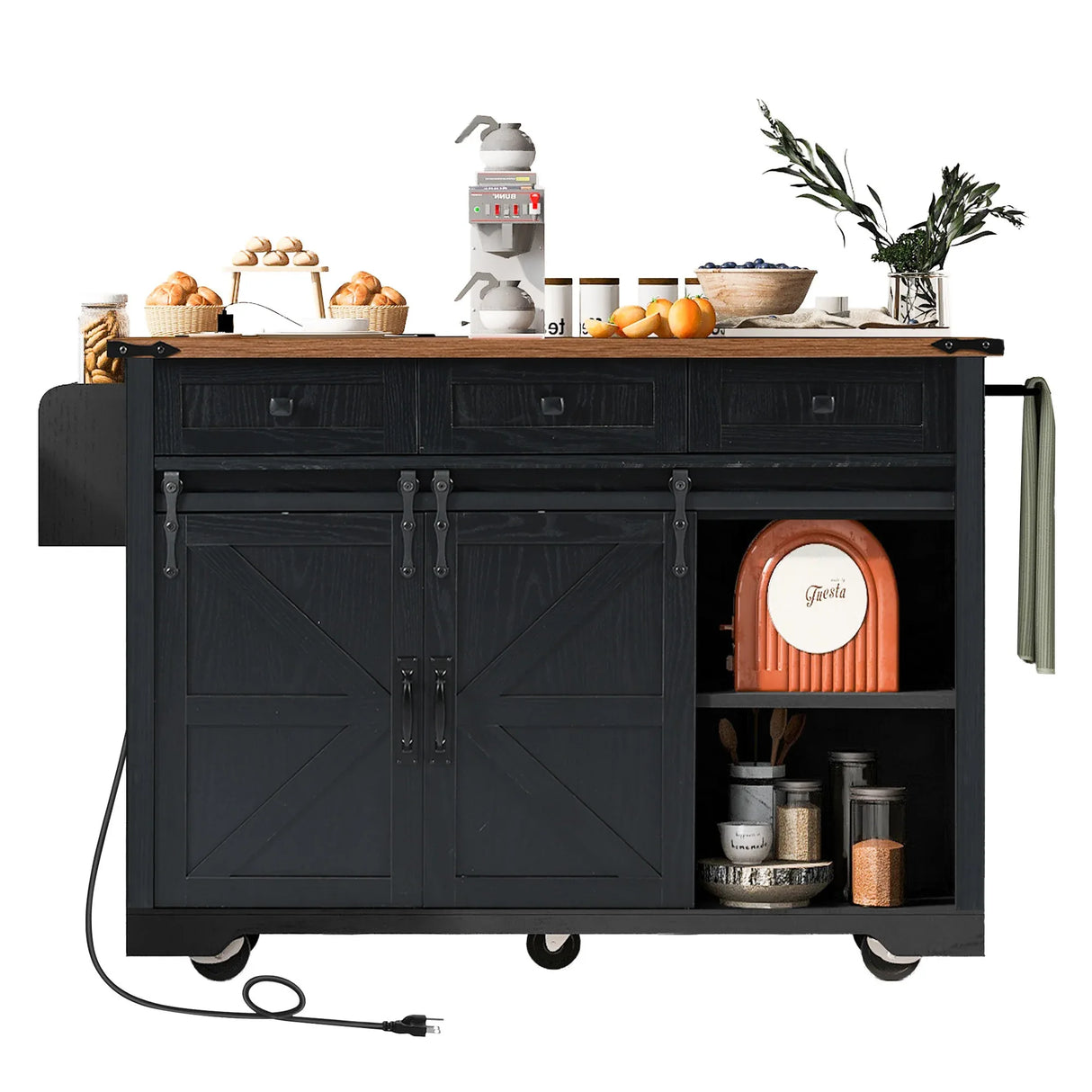 Farmhouse Kitchen Island Rolling Cart With Power Outlet - Omega Lifestyles