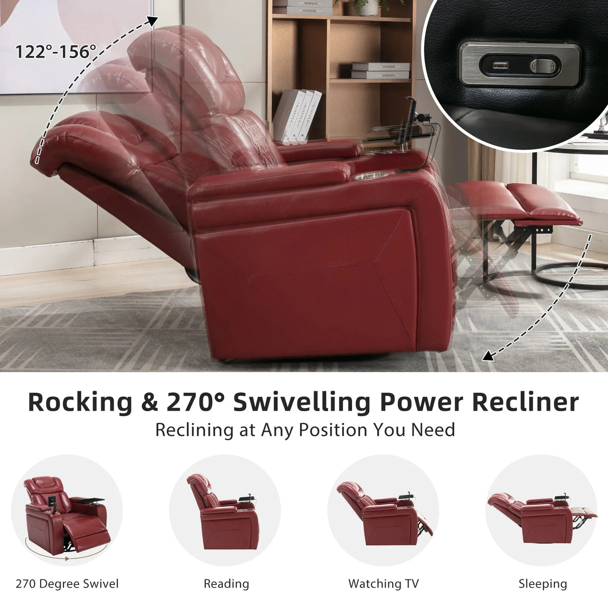 Power Recliner Chair PU Leather With USB Tray Table - Omega Lifestyles
