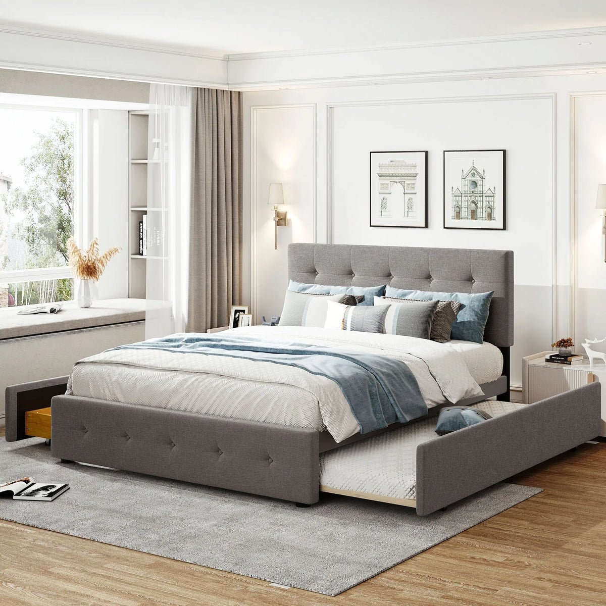 Upholstered Platform Bed With Drawers And Twin XL Trundle - Omega Lifestyles