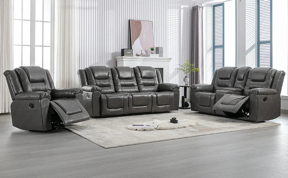 Grey Manual PU Upholstered Home Theater Recliner Chair Set - Omega Lifestyles