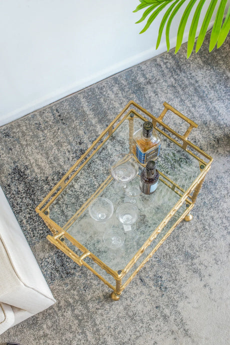 Antique Brass Aluminum Glass Two-Tier Bar Cart - Omega Lifestyles