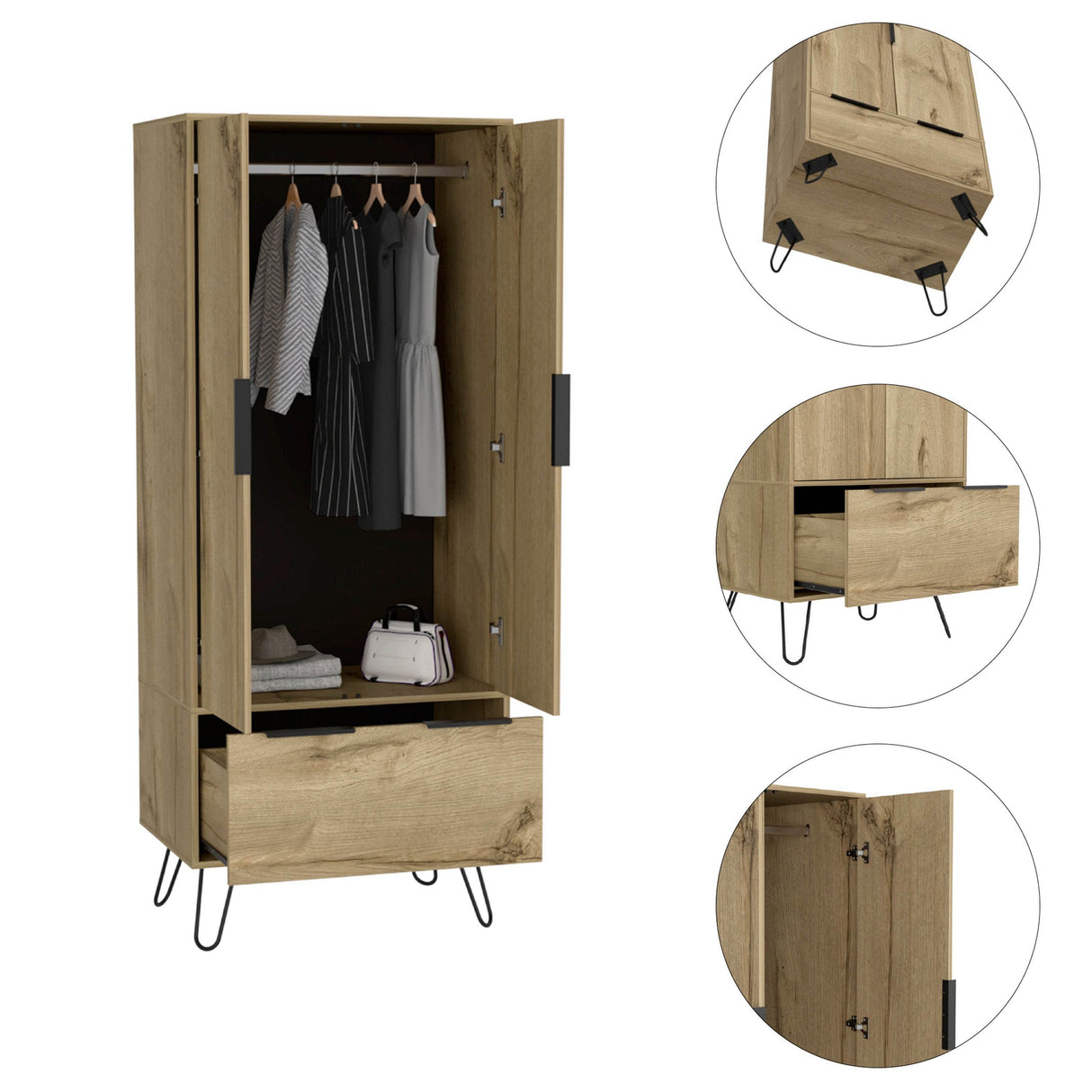 Light Oak Two-Door Wooden Wardrobe With Drawer - Omega Lifestyles