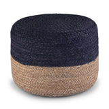 Handcrafted Braided Jute Round Fabric Pouf Navy Natural - Omega Lifestyles