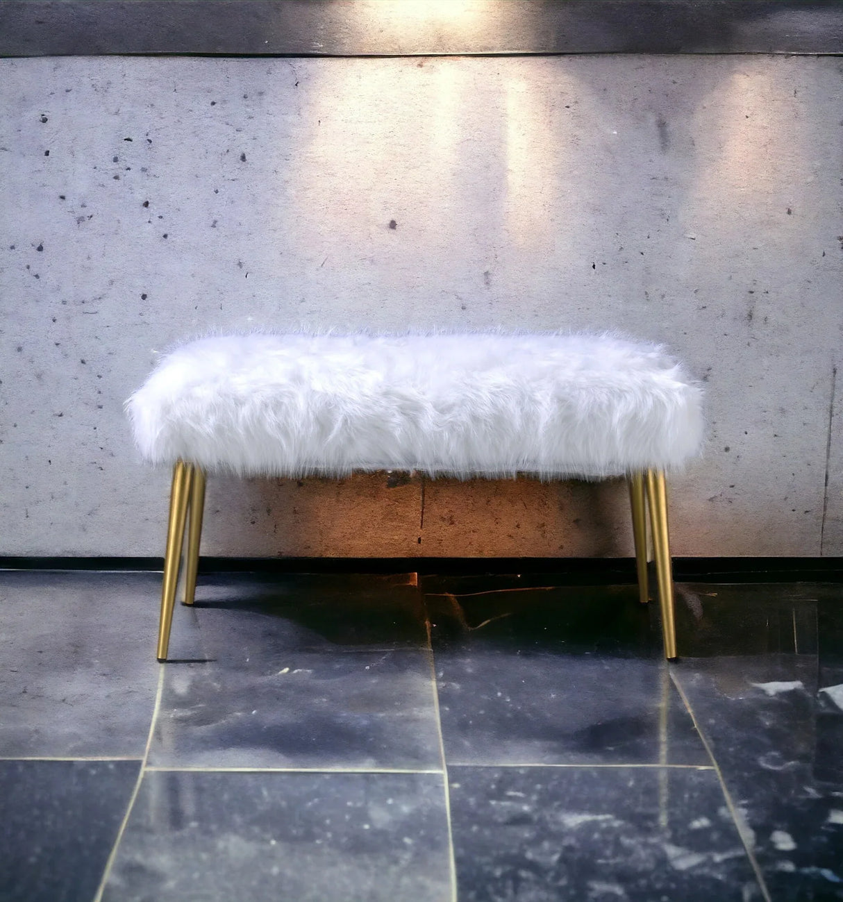 White Faux Fur Armless Backless Gold Finish Bench - Omega Lifestyles