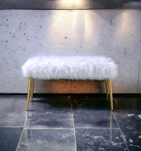 White Faux Fur Armless Backless Gold Finish Bench - Omega Lifestyles