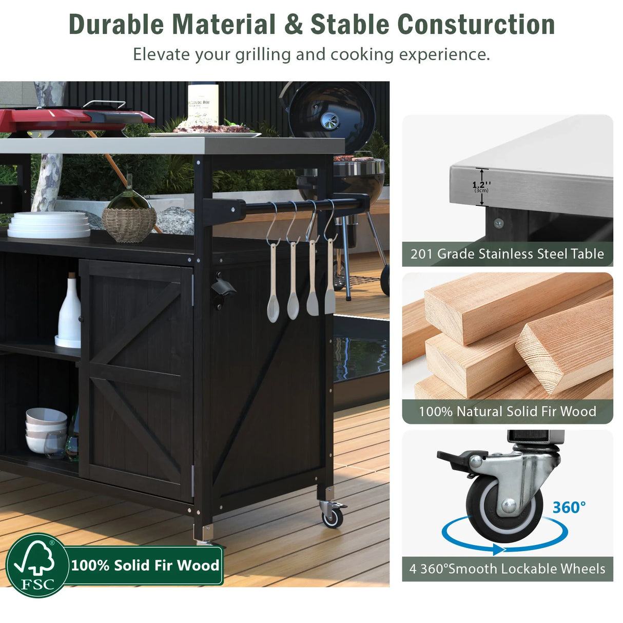 Farmhouse Solid Fir Wood Outdoor Kitchen Island Cart - Omega Lifestyles