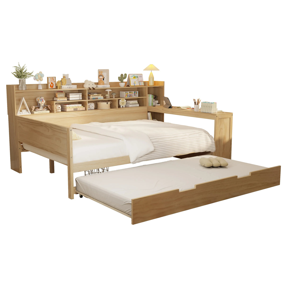 Full Wooden Bed Frame With Trundle Storage And Study Desk - Omega Lifestyles
