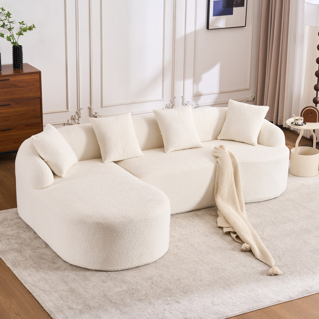 White Modular Chenille L-Shape Sectional Sofa With Chaise