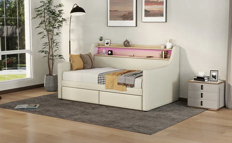 Twin PU Leather Daybed With Storage Drawers Charging Station - Omega Lifestyles