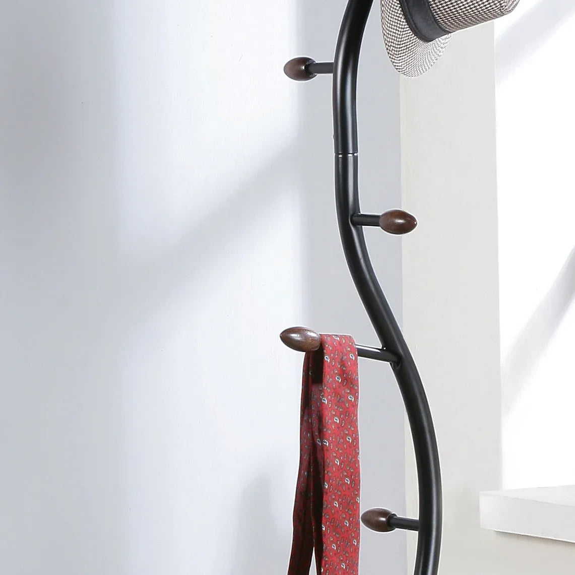 Arles Black Metal And Walnut Wood Standing Coat Rack - Omega Lifestyles