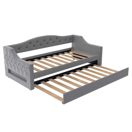 Twin XL Linen Upholstered Daybed With LED Lighting And Trundle - Omega Lifestyles