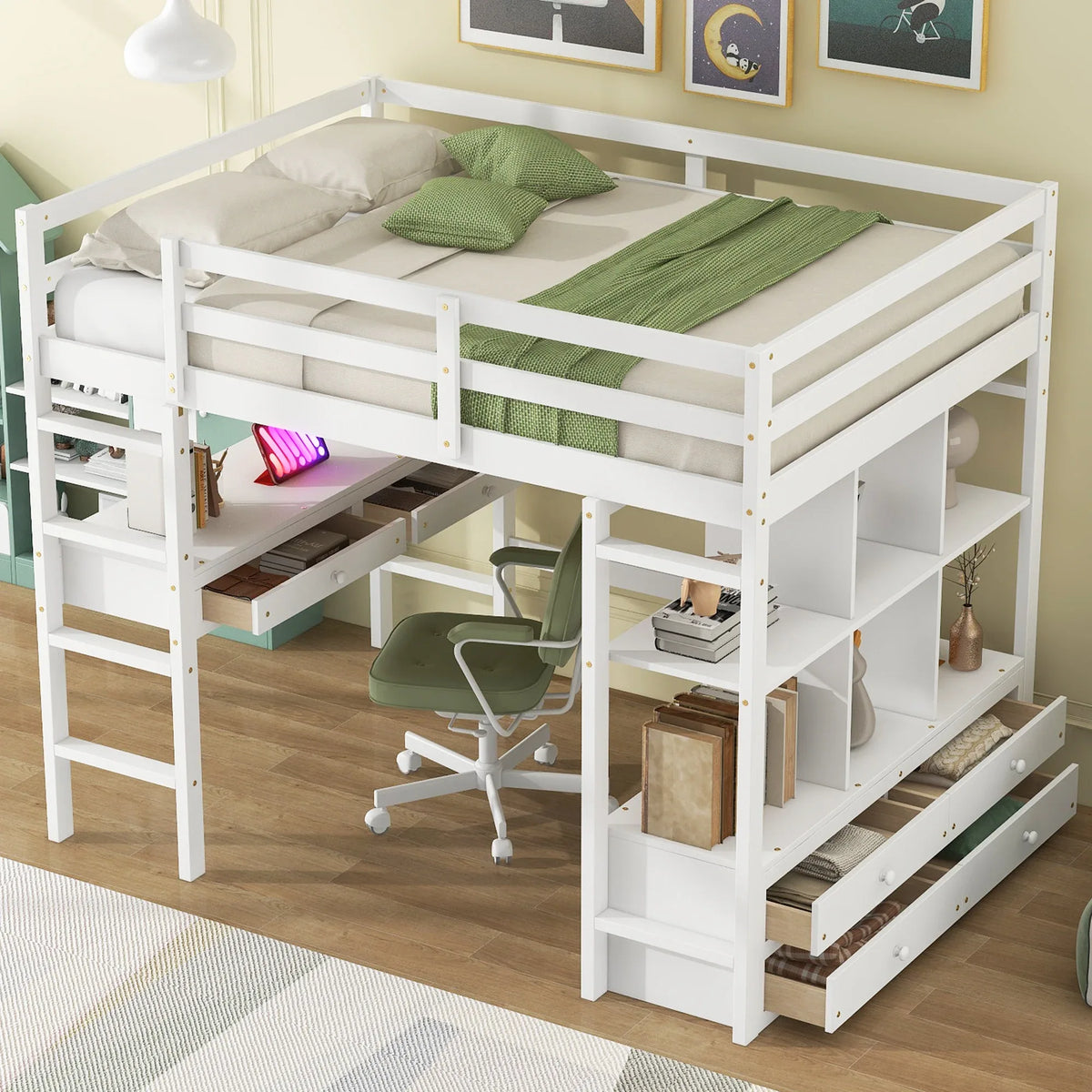 Full White Pine Full Loft Bed With Built-In Desk - Omega Lifestyles