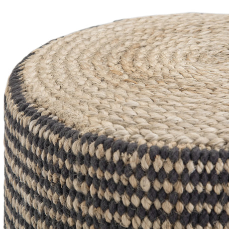 Round Braided Jute Pouf Black Fabric Accent Stool - Omega Lifestyles