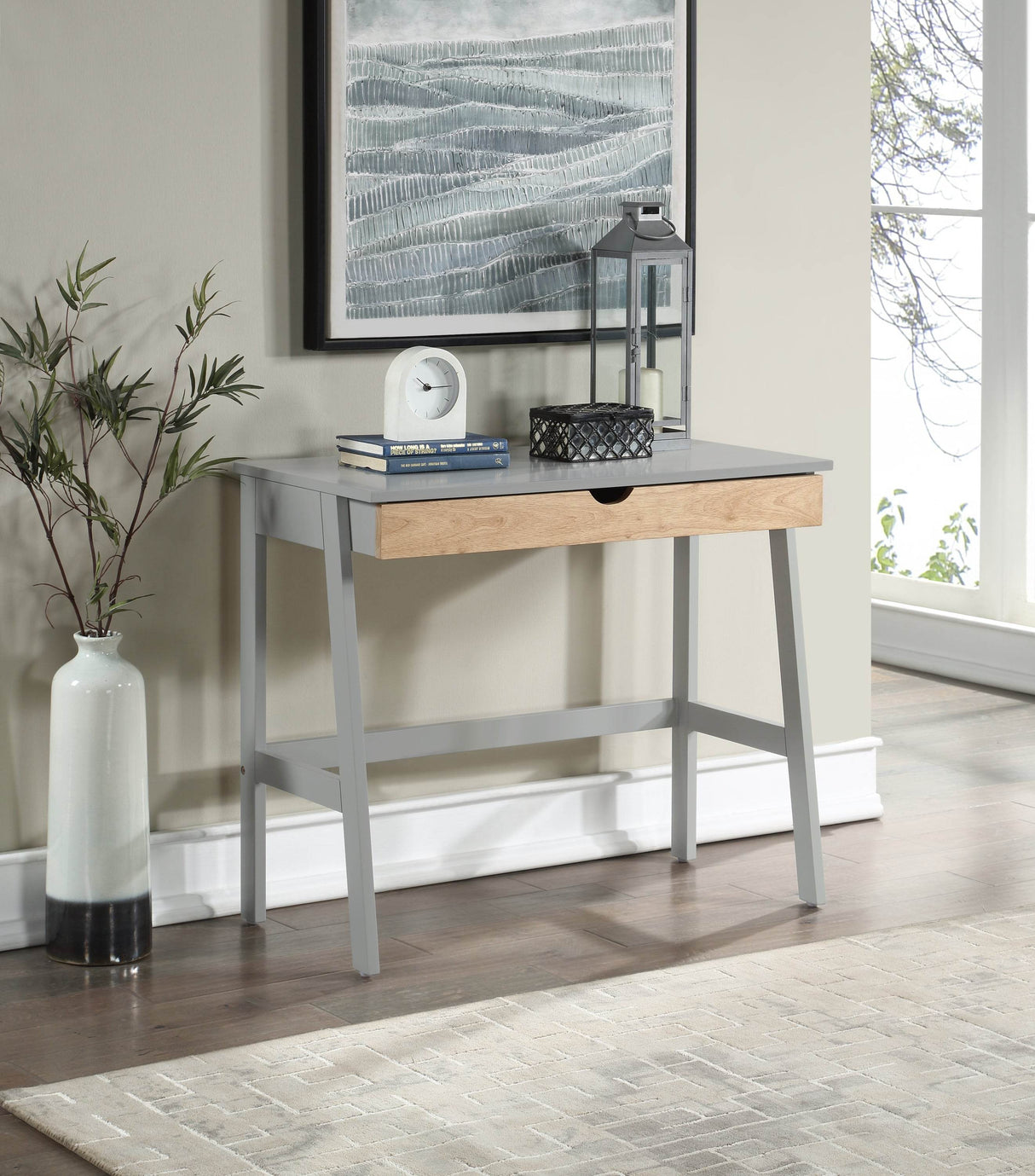 Solid Wood Gray Storage Desk With Metal Drawer Glides