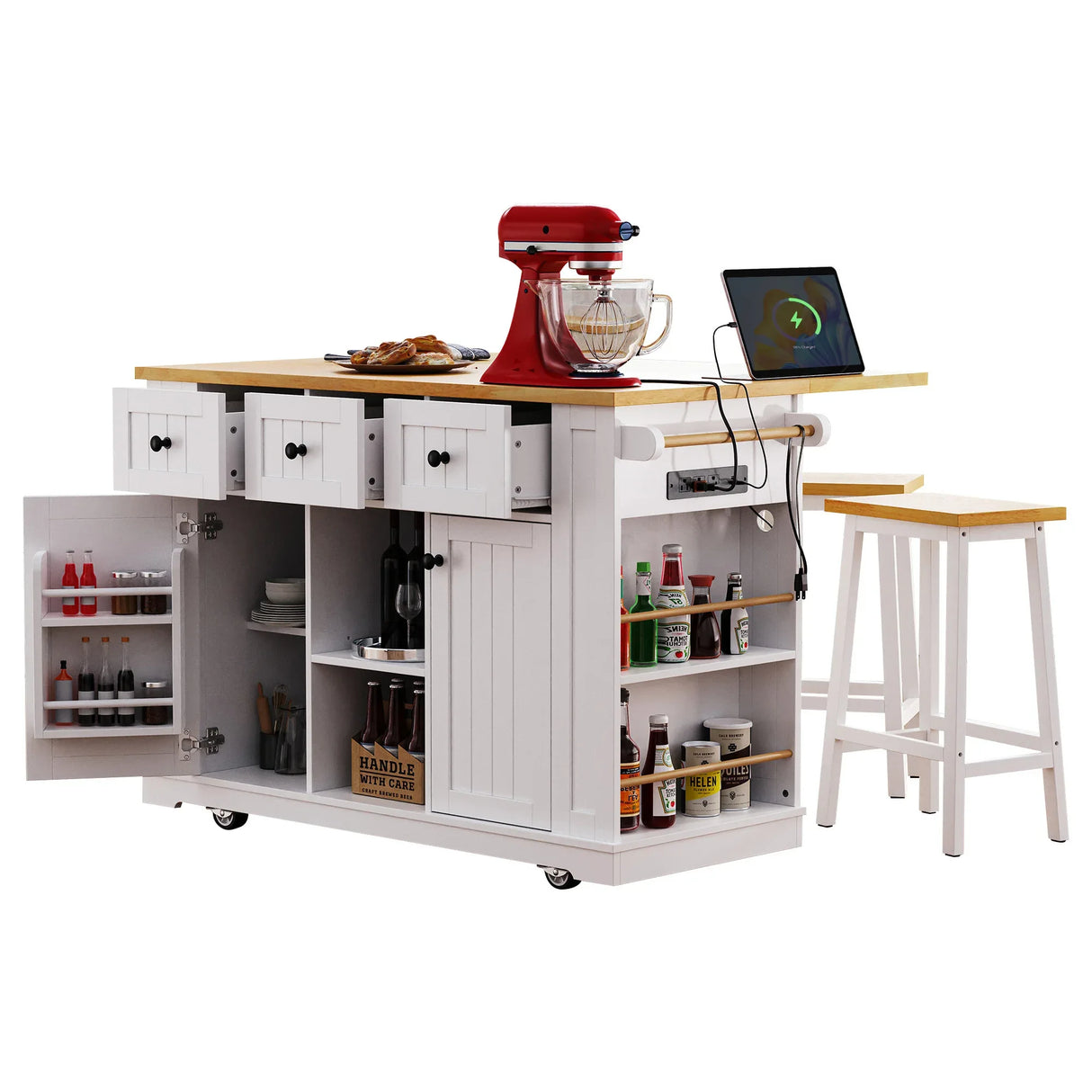 53-Inch Mobile Kitchen Island Set With Storage Drawers - Omega Lifestyles