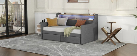 Twin Linen Upholstered Daybed With Storage Drawers Charging Station - Omega Lifestyles