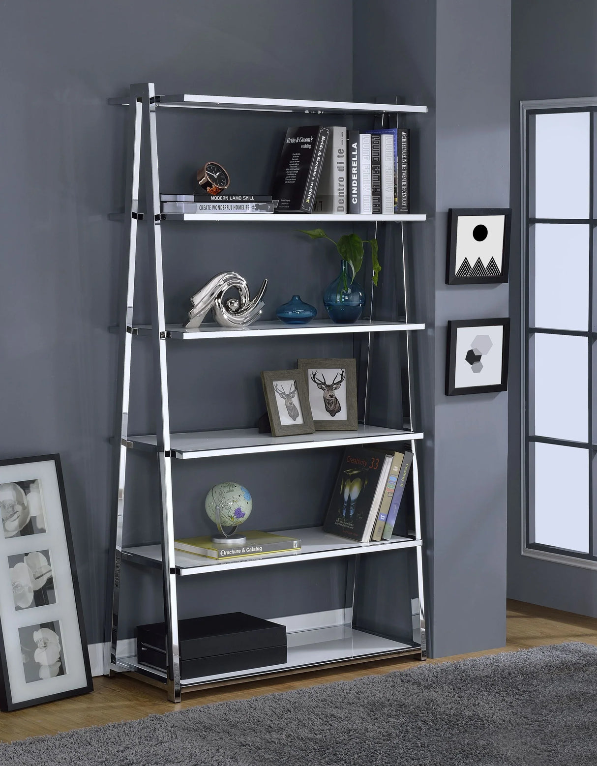 High Gloss Chrome Finish Synthetic Wood Bookshelf - Omega Lifestyles