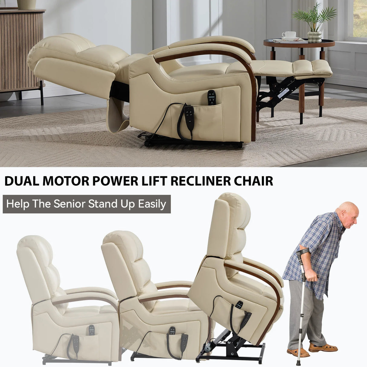 Power Beige Faux Leather Dual Motor Massage Recliner Chair - Omega Lifestyles