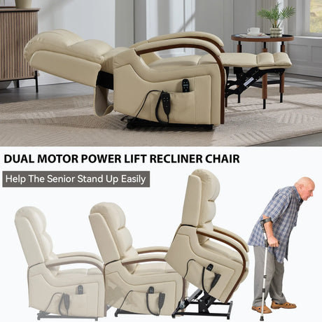 Power Beige Faux Leather Dual Motor Massage Recliner Chair - Omega Lifestyles