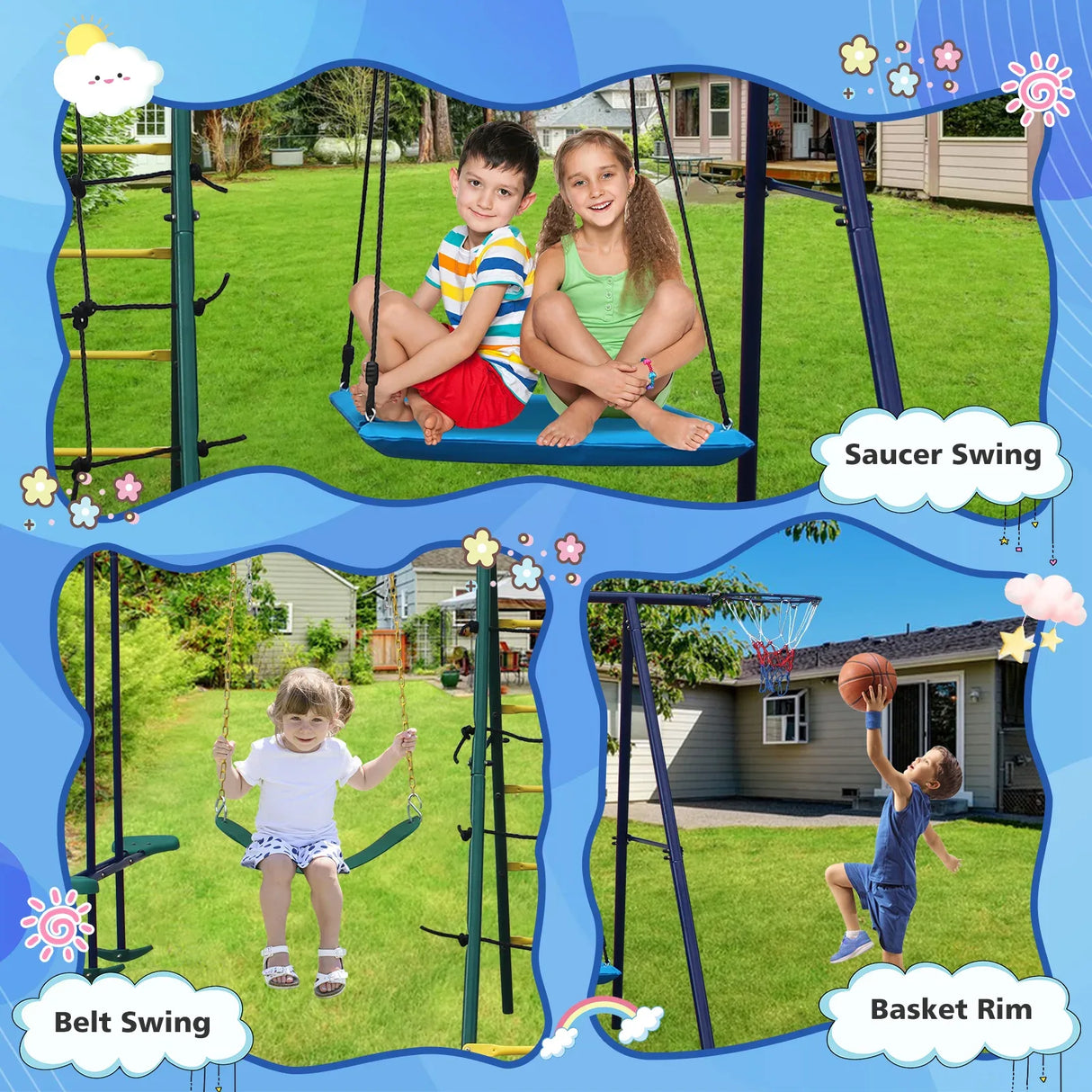 6-in-1 Steel Backyard Swing Set With Climbing Ladder - Omega Lifestyles