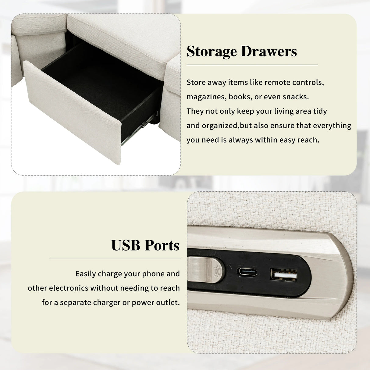 Beige Linen Fabric Power Recliner Sectional Sofa With USB Ports - Omega Lifestyles