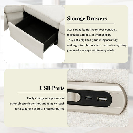 Beige Linen Fabric Power Recliner Sectional Sofa With USB Ports - Omega Lifestyles