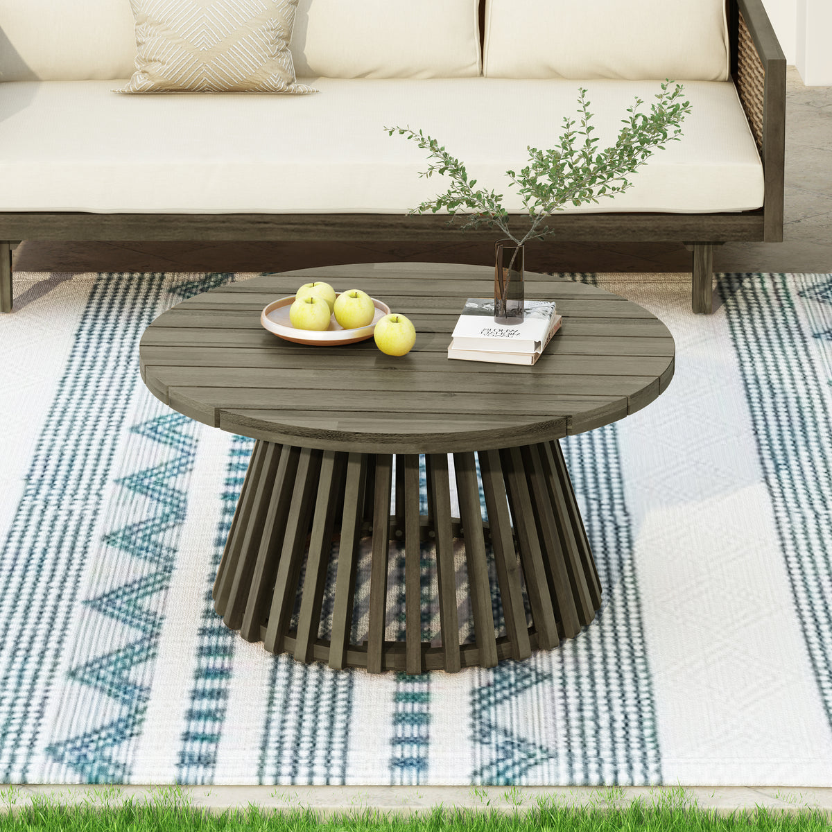 Outdoor Round Acacia Wood Patio Coffee Table Gray