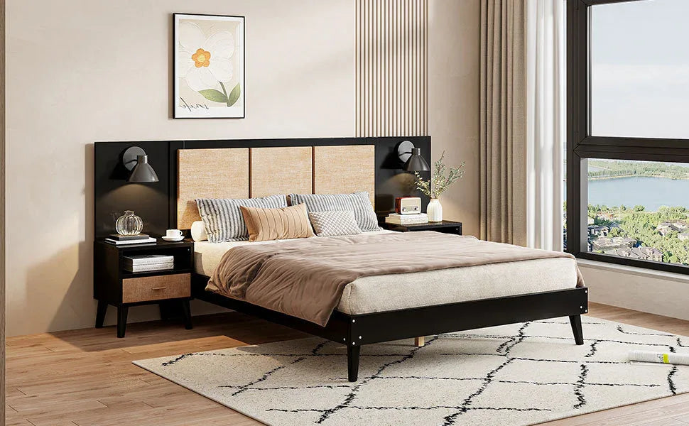 Queen Solid Wood Platform Bed Frame With Nightstands And Lamps - Omega Lifestyles