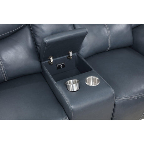 Blue Upholstered Motion Reclining Loveseat With Console - Omega Lifestyles
