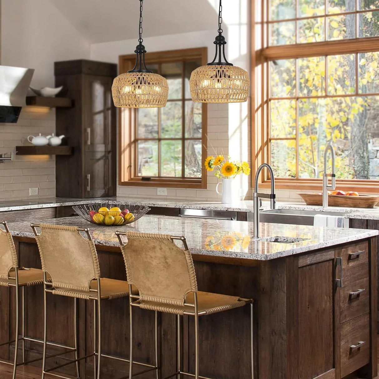 Boho 3-Light Rattan Farmhouse Chandelier Pendant Light - Omega Lifestyles