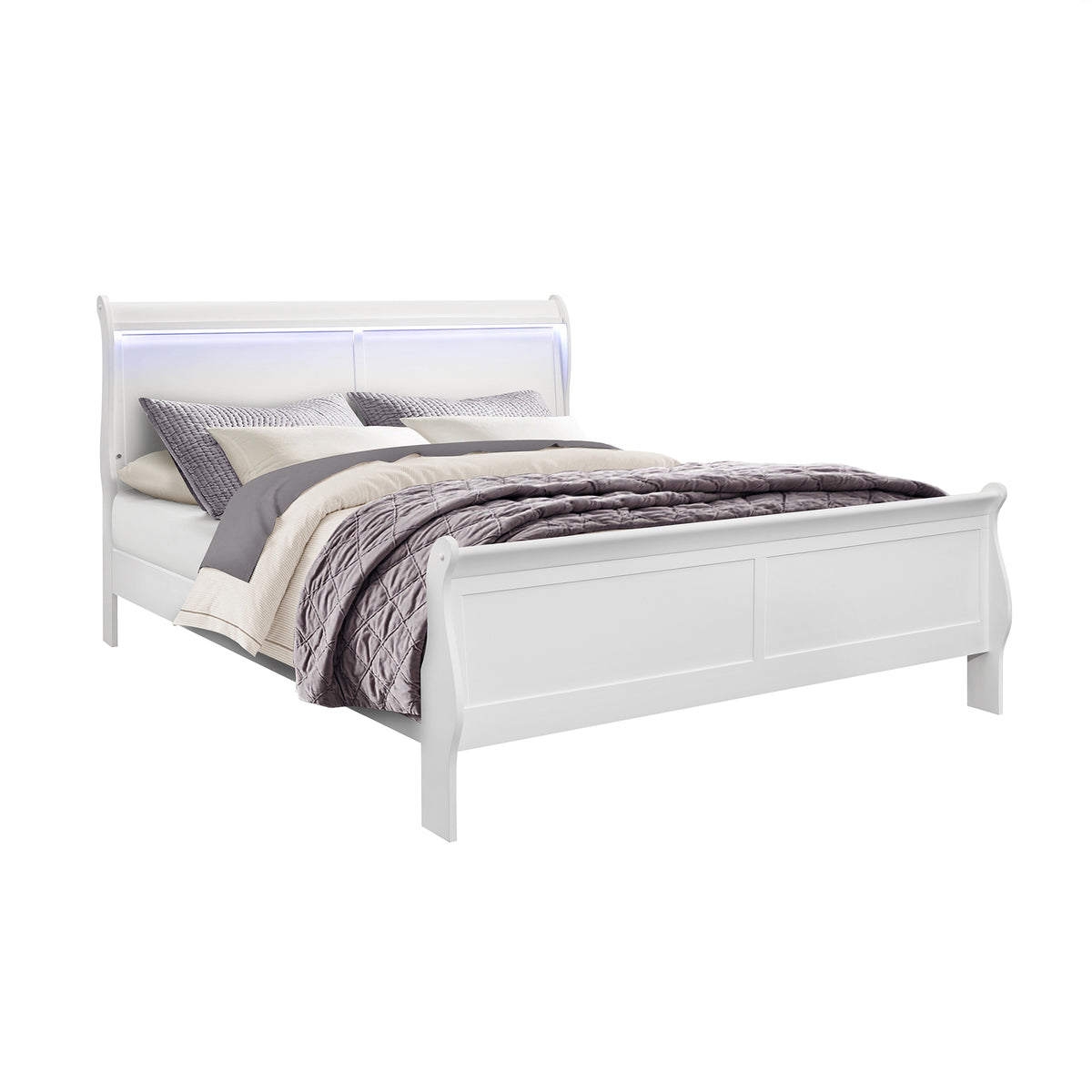 King Modern White Rubberwood Sleigh Style Bedroom Set With LED Lighting