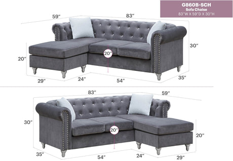 Gray Velvet Chaise Lounge Sofa With Pocketed Coil Seating - Omega Lifestyles