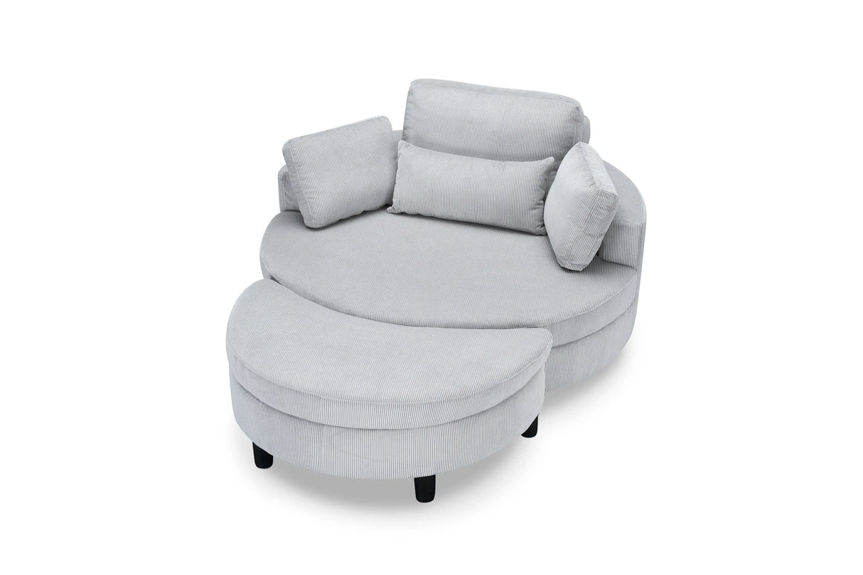 Gray Corduroy Round Sofa With Adjustable Headrest And Tray - Omega Lifestyles