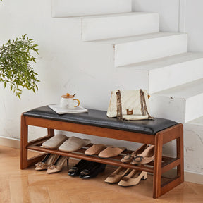 Walnut Rubber Wood Shoe Stool With Flip-Top Storage Bench - Omega Lifestyles